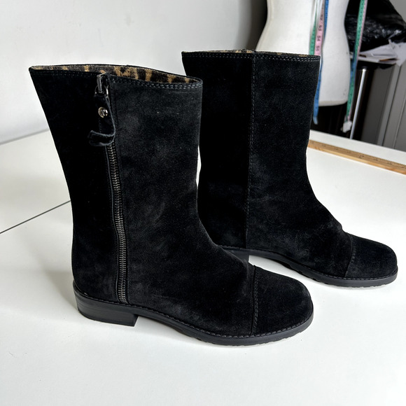 Stuart Weitzman Black Suede Mid-Calf Boots Cheetah Print Round Toe Booties 4 - Picture 6 of 16